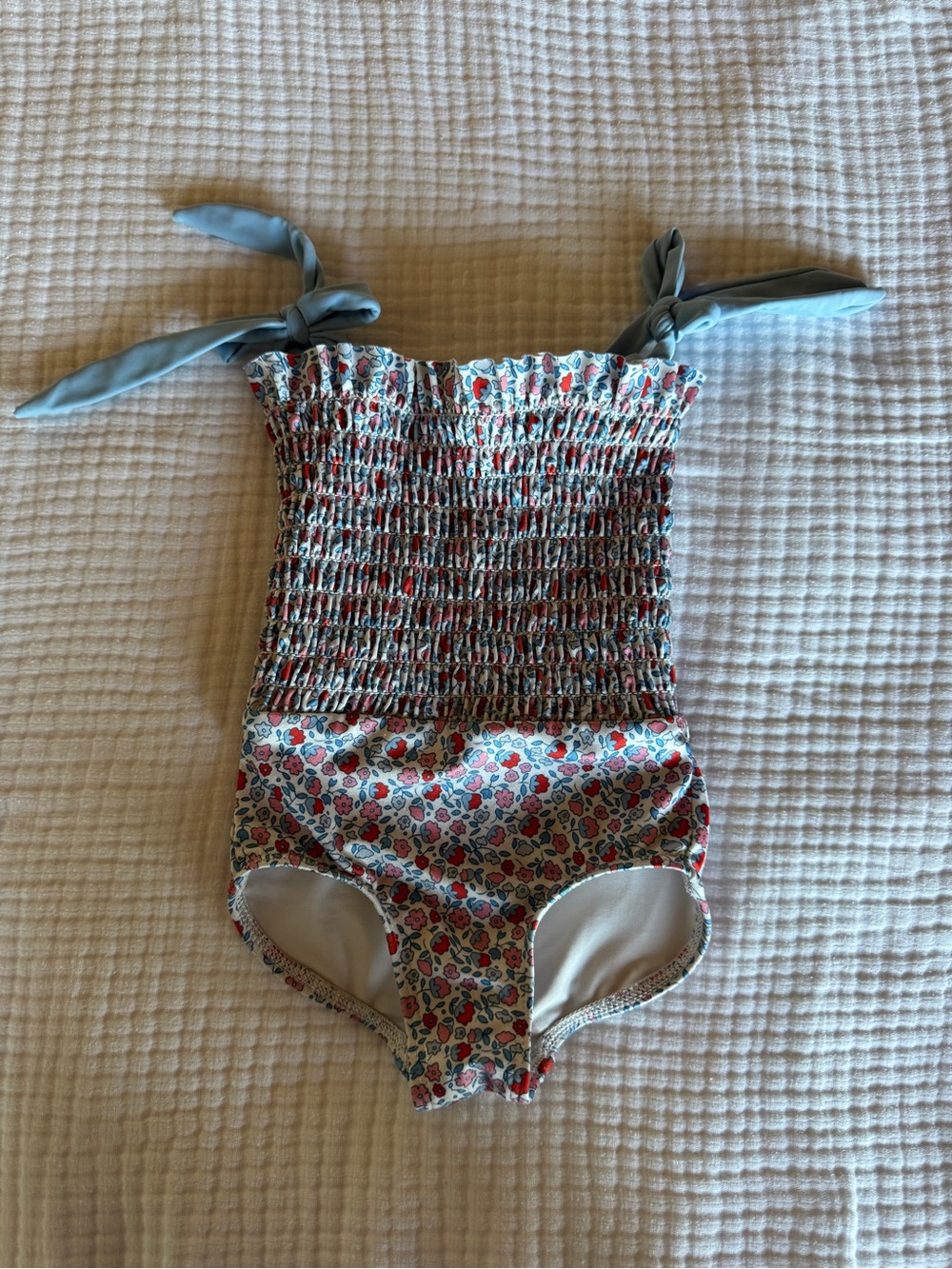 Minnow Girls' Blue Floral One-Piece Swimsuit with Smocked Bodice